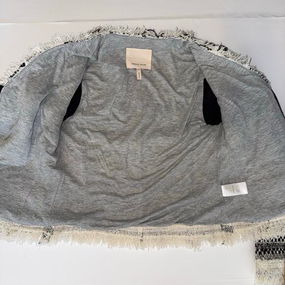 Rebecca Taylor Size 6 Fringe Tweed Jacket Black Gray White Bouclé Blazer cotton - Picture 7 of 13